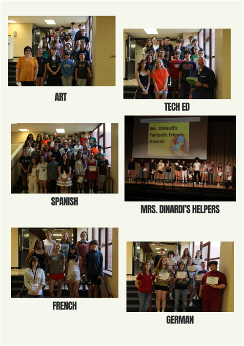 Collage of student pictures from recognition assembly including art, tech ed, Mrs. DiNardi's helpers and world language